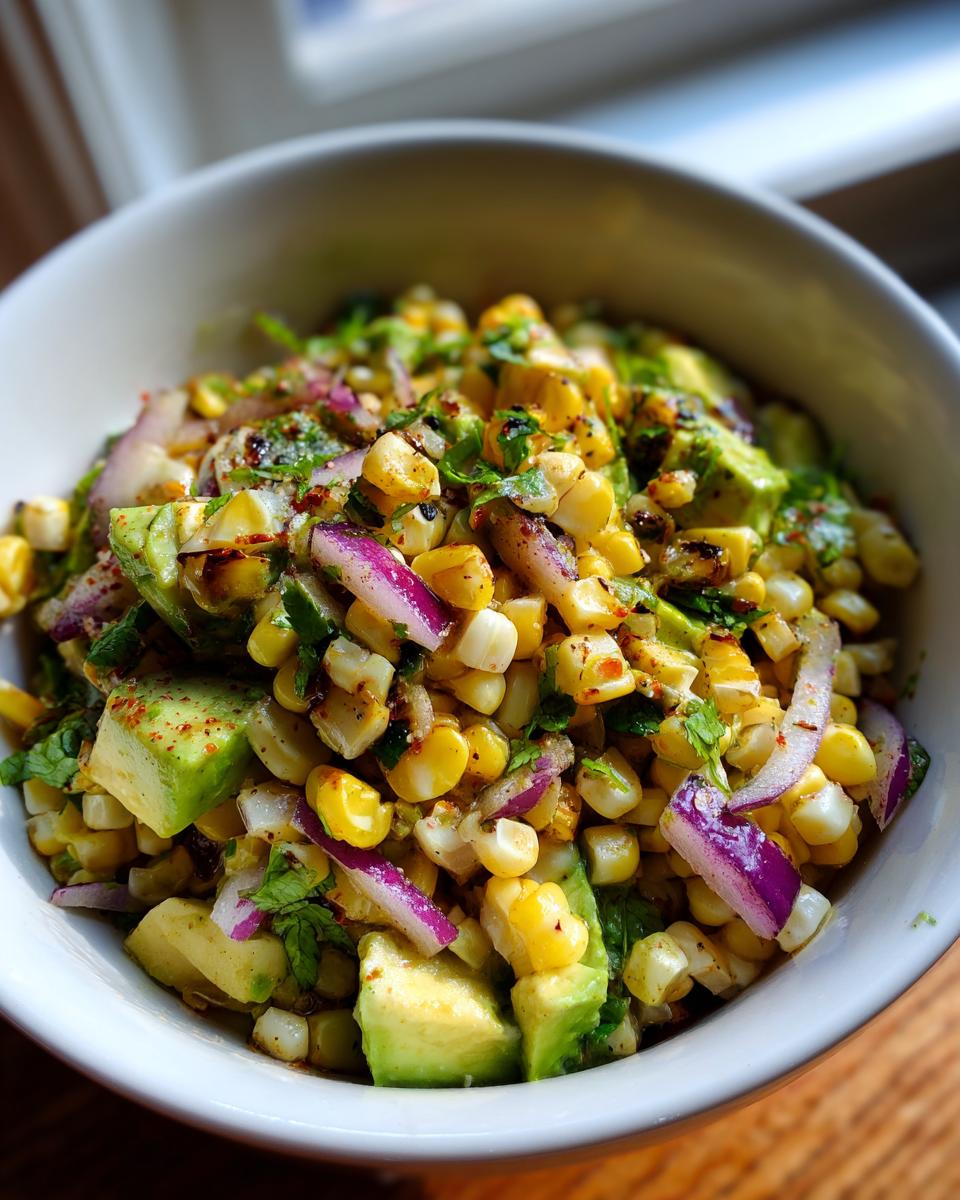 Close-up of a bowl filled with Grilled Corn & Avocado Salad, with red onion and cilantro.