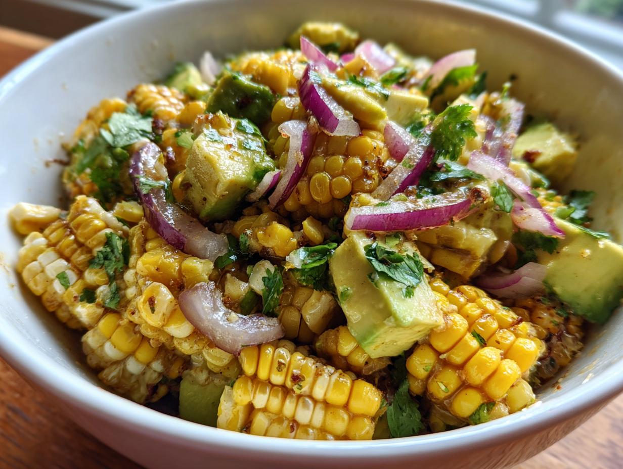 Close-up of a bowl of Grilled Corn & Avocado Salad with red onion and cilantro.