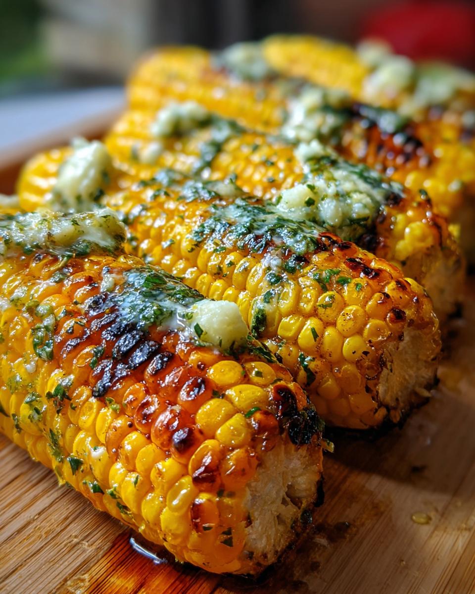 Close-up of grilled corn on the cob with garlic herb butter, a delicious summer side dish. The image shows the grilled corn on the cob with the primary keyword.