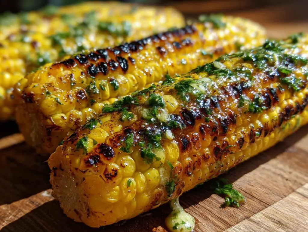 Close-up of delicious Grilled Corn on the Cob with garlic herb butter.