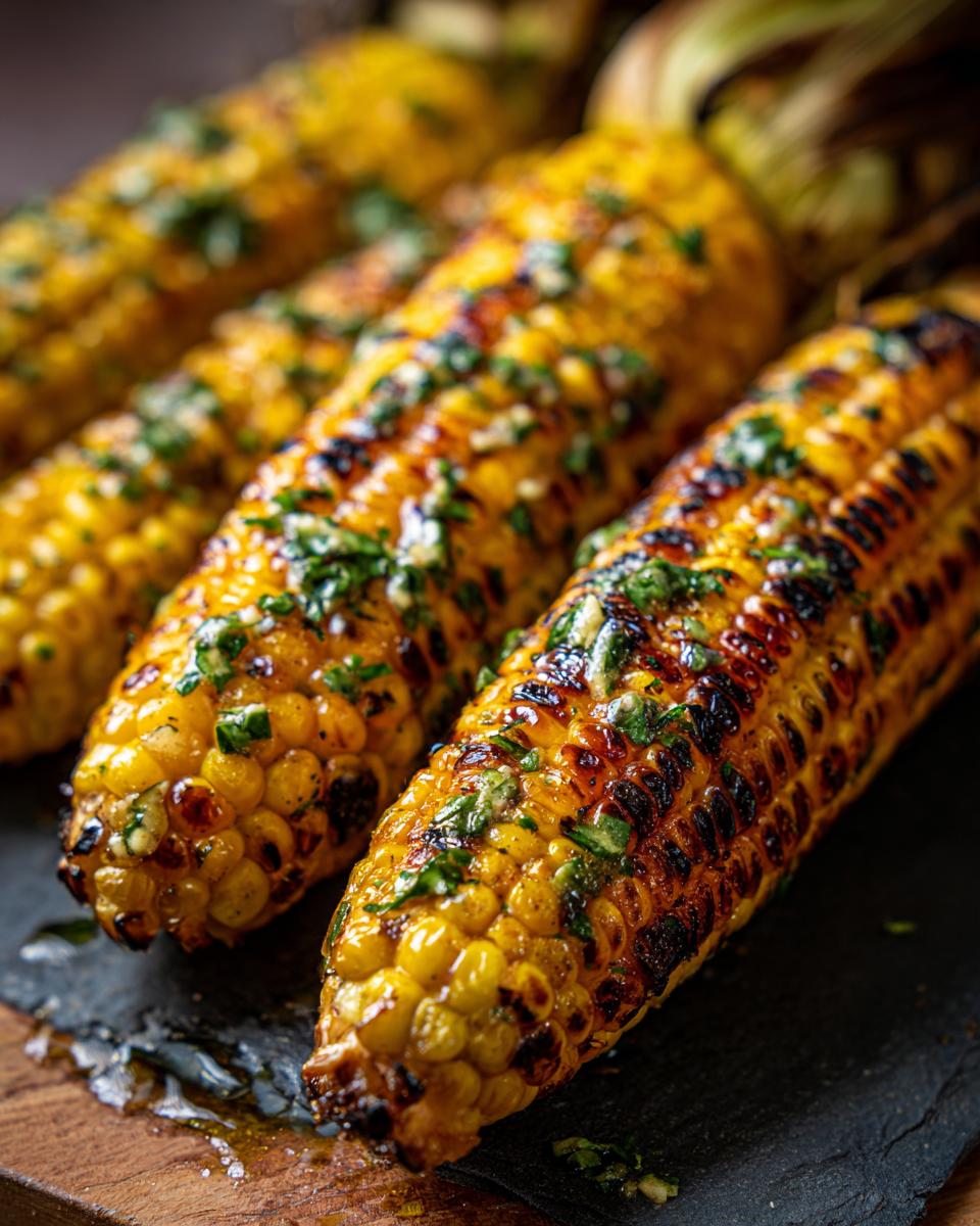 Close-up of grilled corn on the cob with garlic herb butter, the perfect Grilled Corn on the Cob.