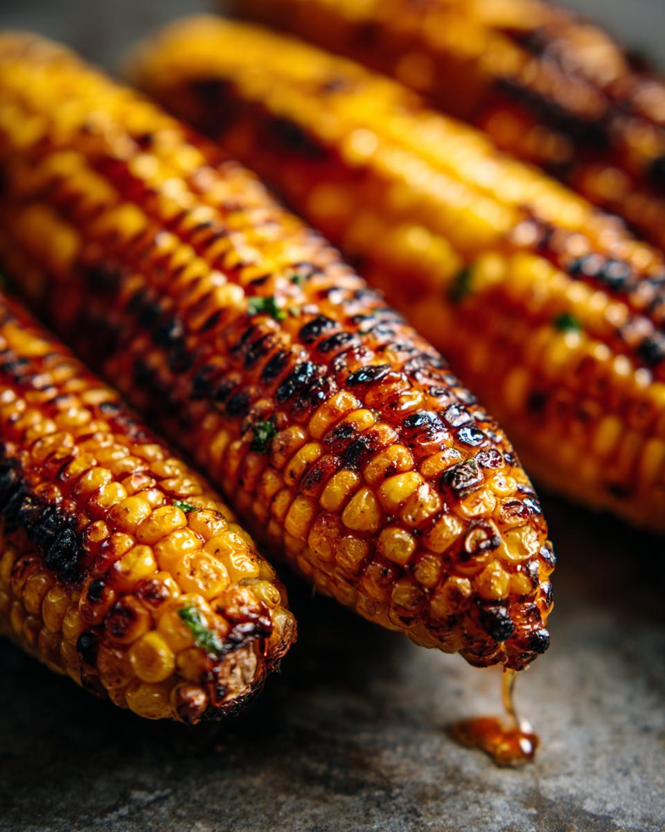Close-up of perfectly grilled corn on the cob with garlic herb butter, ready to eat. The best Grilled Corn on the Cob!