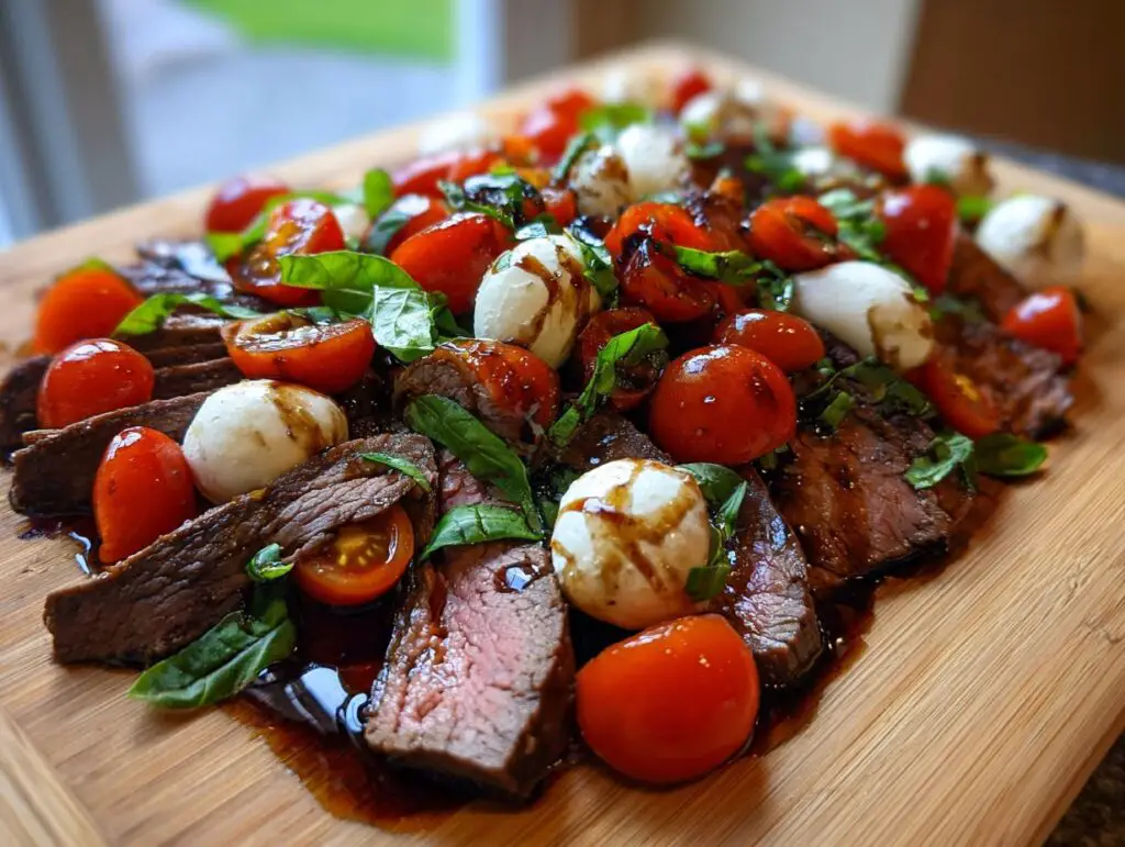 Grilled Flank Steak Caprese with balsamic glaze, tomatoes, mozzarella, and basil.