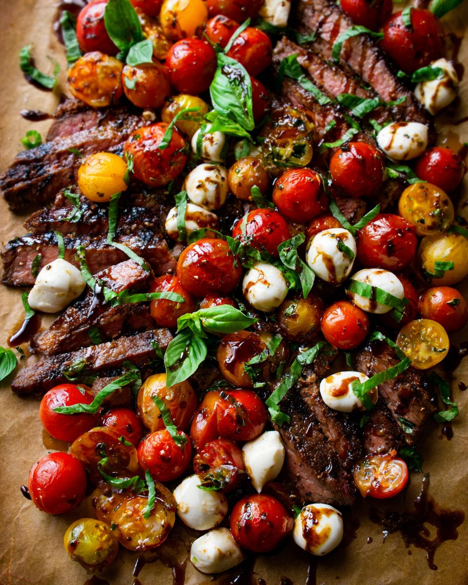 Overhead shot of Grilled Flank Steak Caprese with tomatoes, mozzarella, and balsamic dressing.