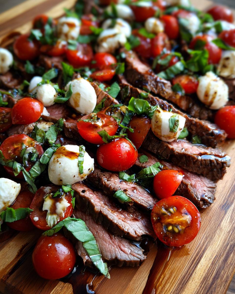 Close-up of Grilled Flank Steak Caprese with tomatoes, mozzarella, and balsamic dressing.
