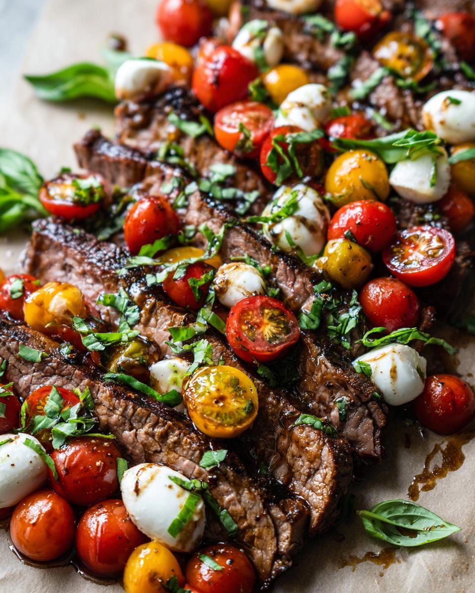 Sliced grilled flank steak topped with tomatoes, mozzarella, and basil. Featuring the Grilled Flank Steak Caprese.