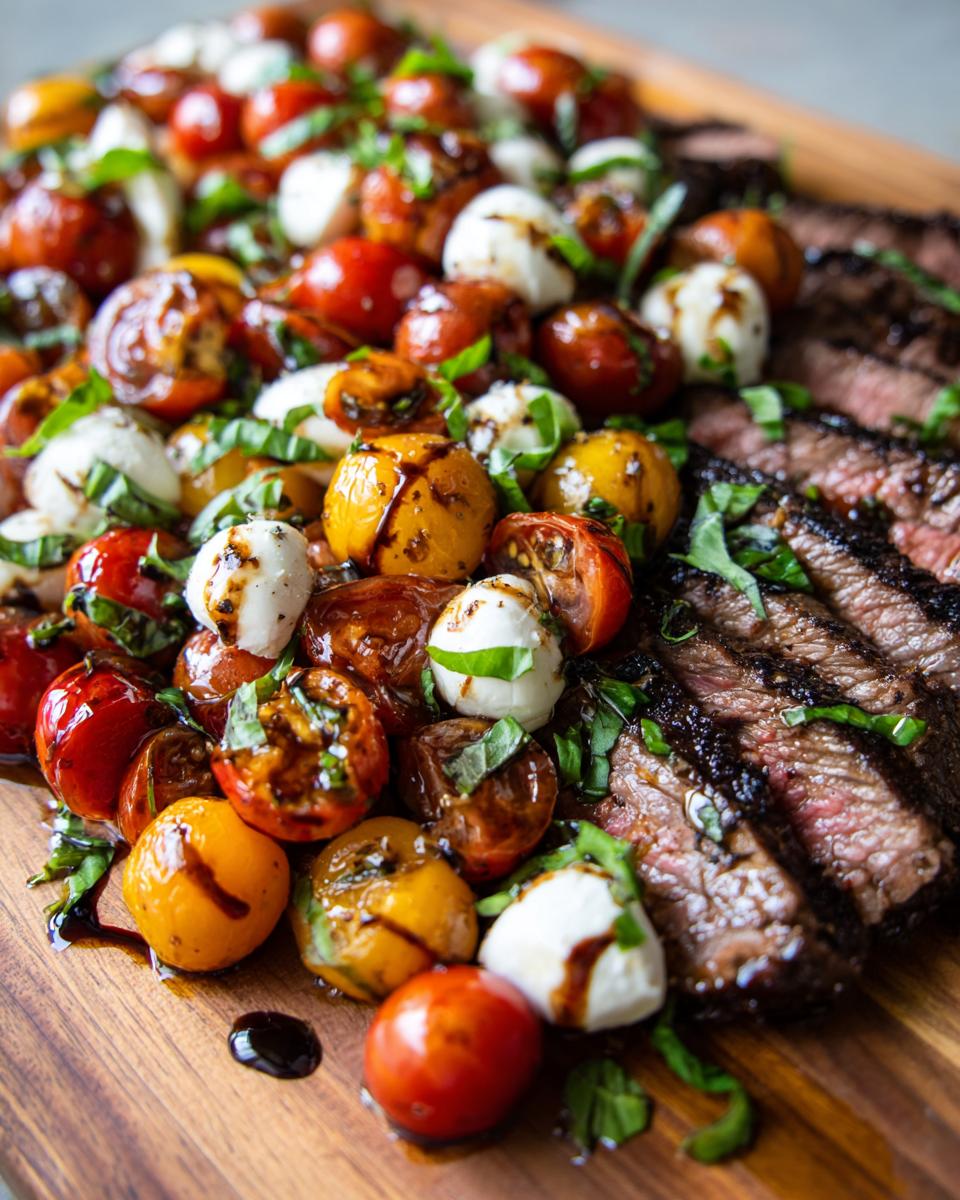 Close-up of Grilled Flank Steak Caprese with balsamic glaze, tomatoes, mozzarella, and basil.