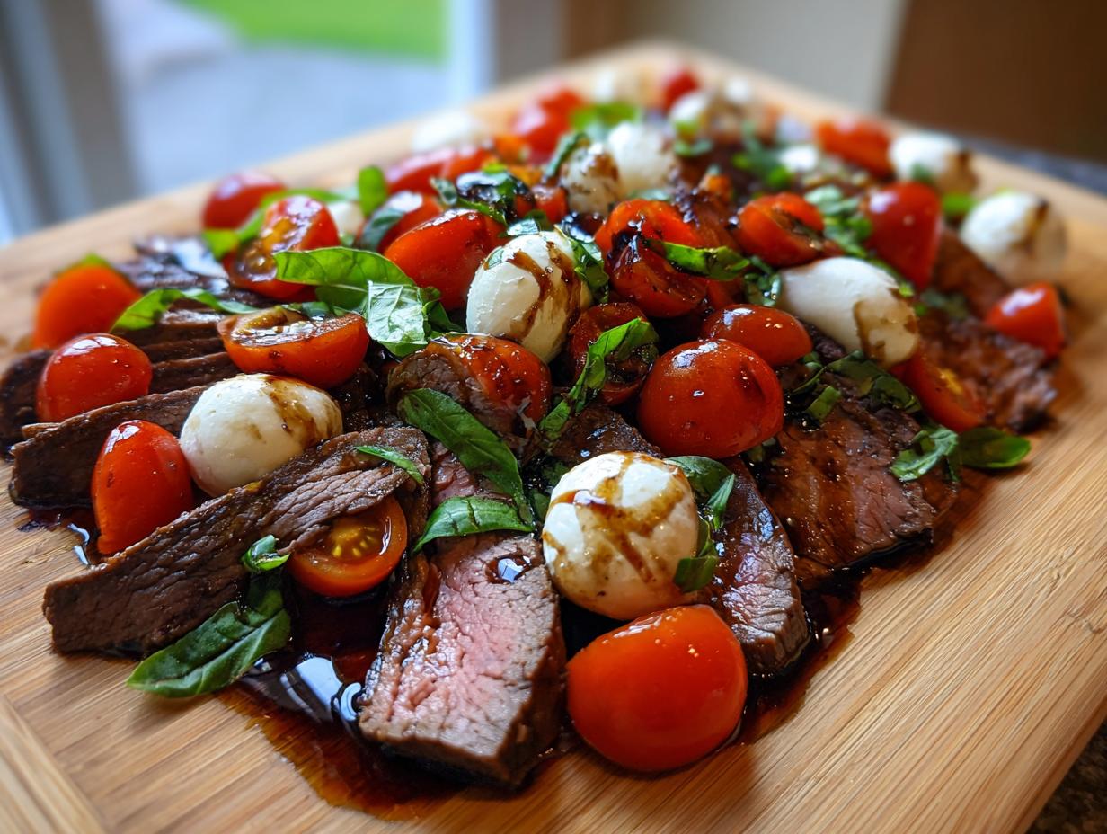 Grilled Flank Steak Caprese with balsamic glaze, tomatoes, mozzarella, and basil.