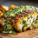 Close-up of grilled halibut with herb butter, showing flaky fish and vibrant green herbs.