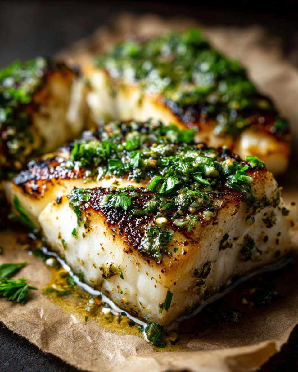 Close-up of grilled halibut with herb butter, showing the flaky texture and vibrant green herbs. This is a delicious Grilled Halibut with Herb Butter recipe.