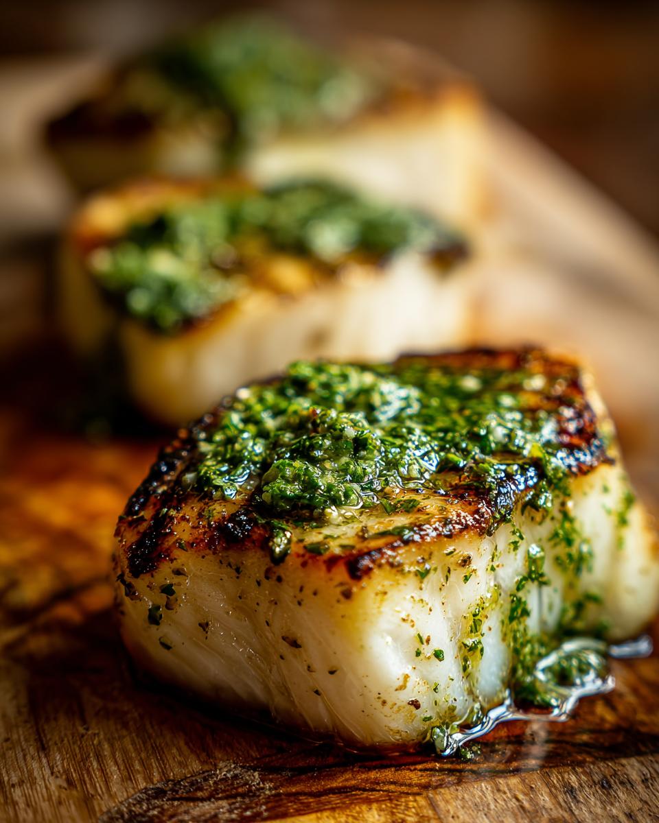 Close-up of grilled halibut with herb butter, showing the flaky texture and delicious topping.