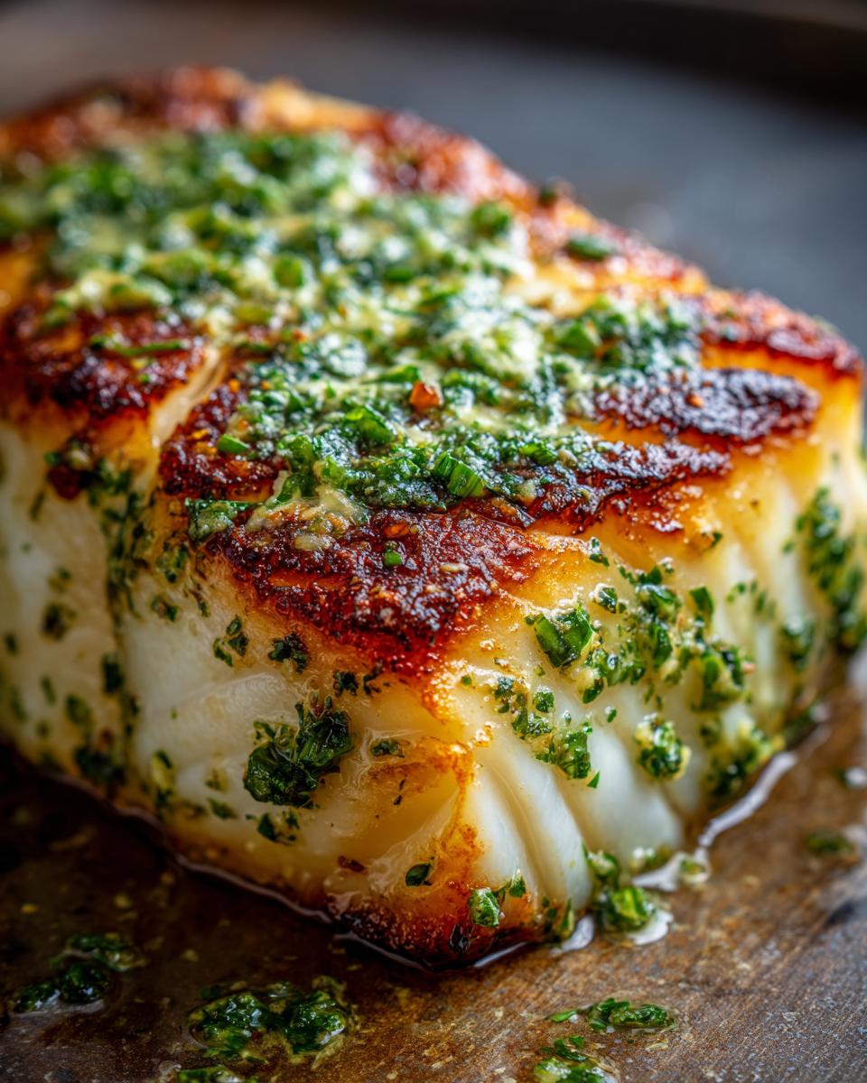 Close-up of perfectly grilled halibut topped with vibrant herb butter, showcasing the deliciousness of the Grilled Halibut with Herb Butter recipe.