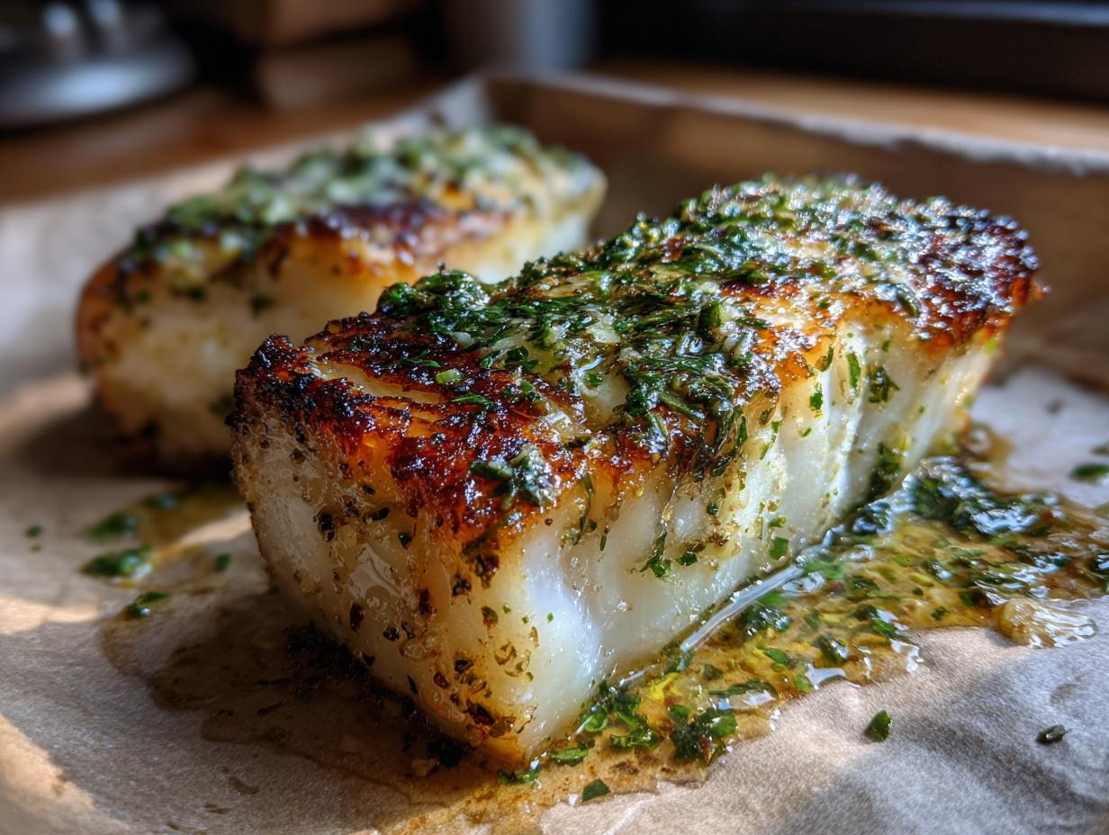 Close-up of perfectly grilled halibut with herb butter, showing flaky texture and golden crust.