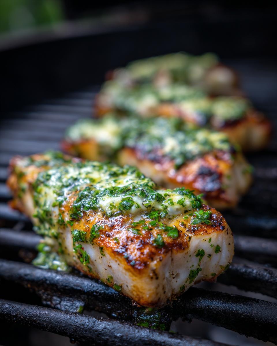 Close-up of grilled halibut with herb butter on a grill, showing the perfectly cooked fish.