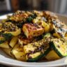 Close-up of grilled halloumi and zucchini pasta salad on a white plate, a delicious and healthy meal.
