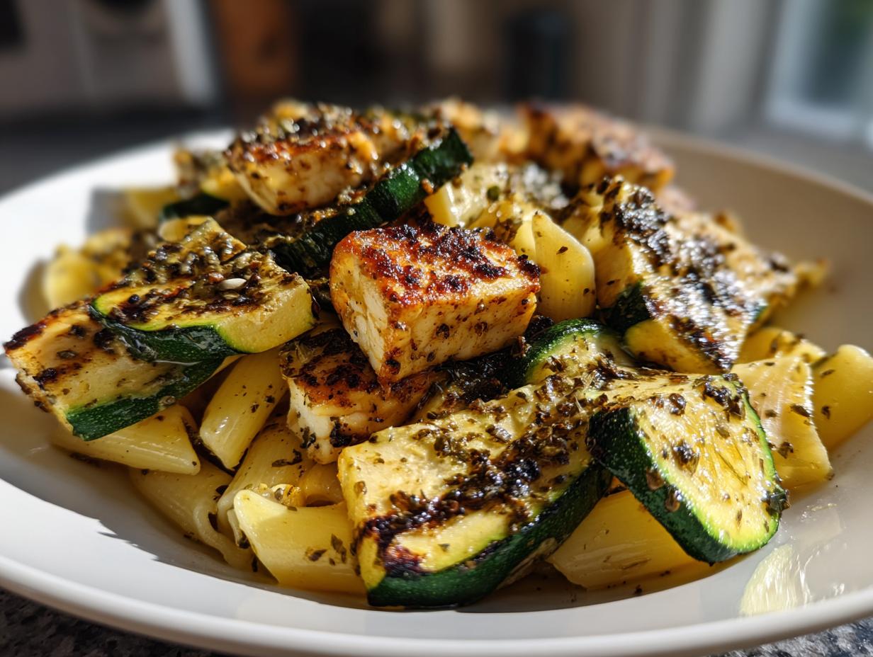 Amazing grilled halloumi zucchini pasta salad 6 Close-up of grilled halloumi and zucchini pasta salad on a white plate, a delicious and healthy meal.