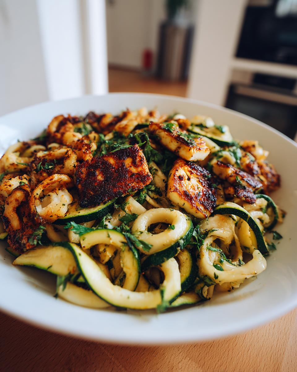 Amazing grilled halloumi zucchini pasta salad 7 Close-up of grilled halloumi and zucchini pasta salad in a white bowl, showing halloumi, zucchini, and herbs.