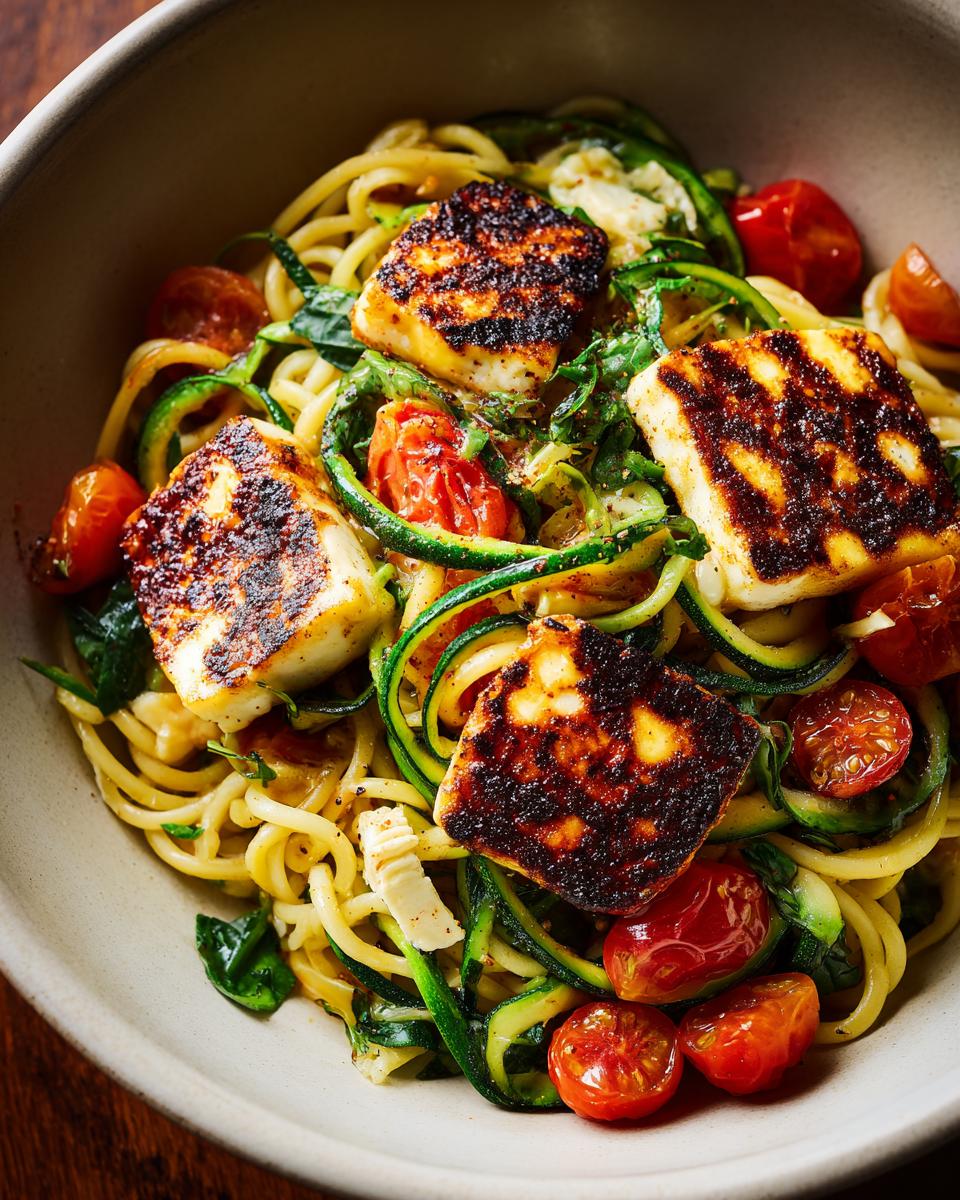 Close-up of a bowl of grilled halloumi and zucchini pasta salad with tomatoes and fresh herbs.