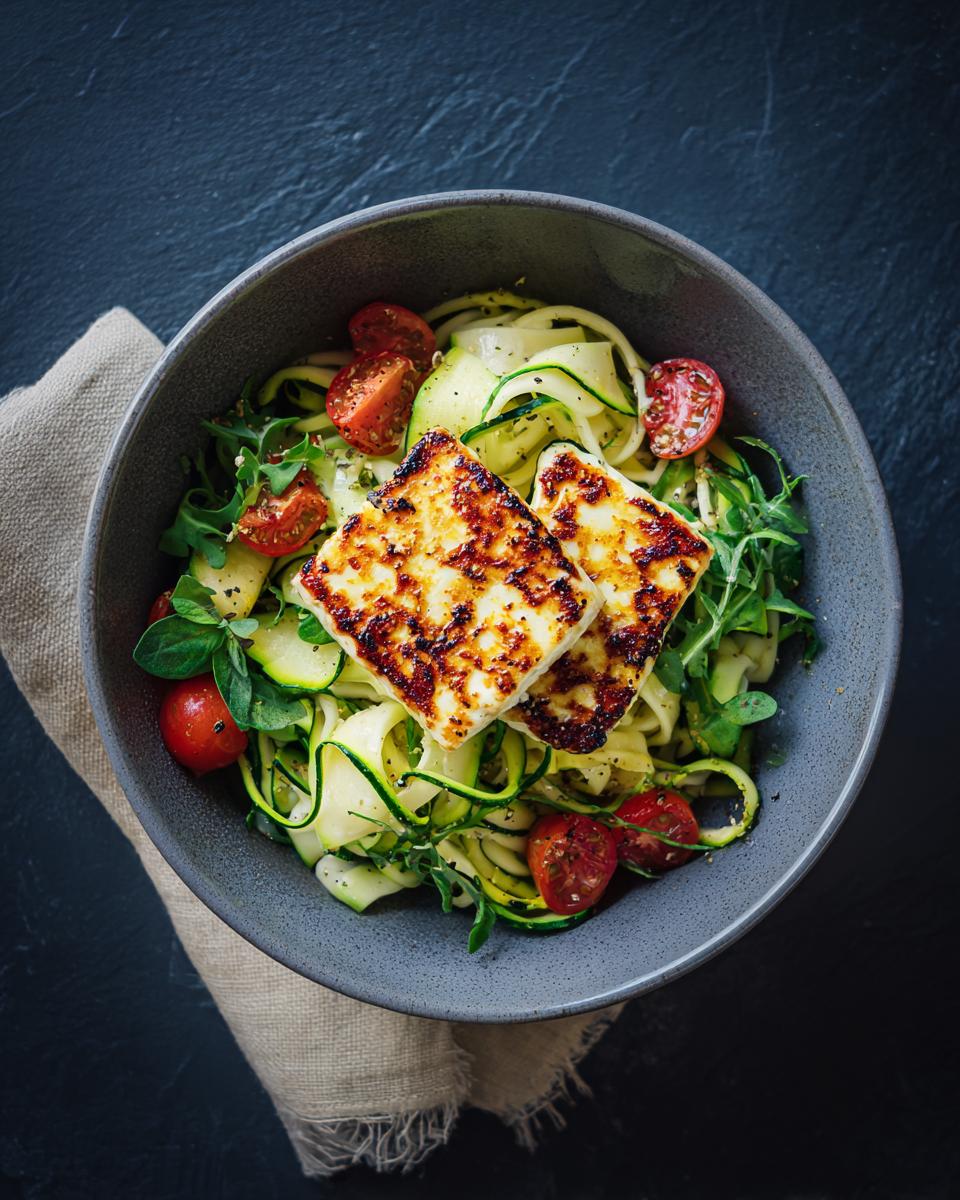 Overhead shot of grilled halloumi and zucchini pasta salad in a bowl, with tomatoes and herbs.