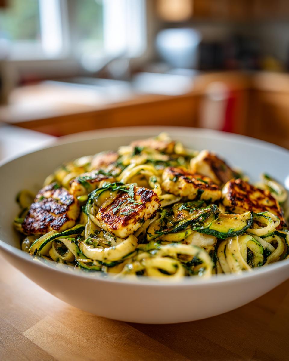 Amazing grilled halloumi zucchini pasta salad 8 Close-up of a bowl of grilled halloumi and zucchini pasta salad, a delicious and healthy dish.