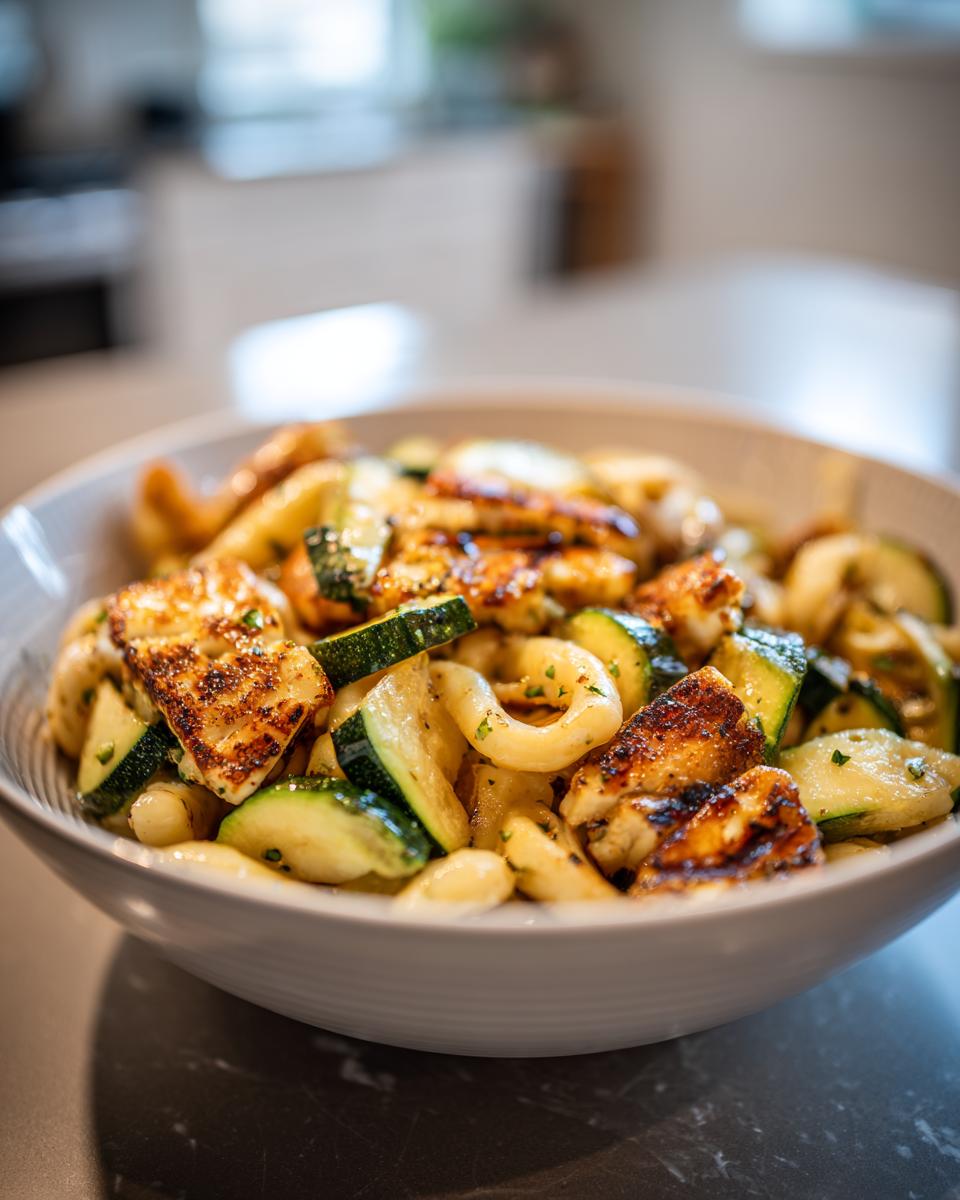 Amazing grilled halloumi zucchini pasta salad 9 Close-up of a bowl of grilled halloumi and zucchini pasta salad, a delicious summer meal.