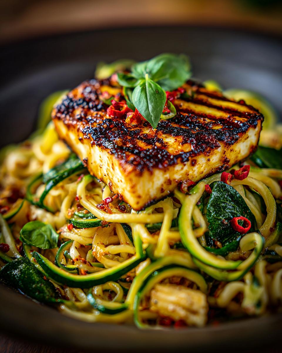 Close-up of grilled halloumi and zucchini pasta salad with fresh basil and chili flakes. A delicious grilled halloumi and zucchini pasta salad.