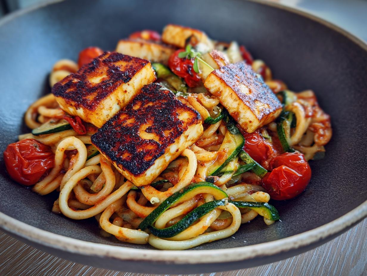 Close-up of grilled halloumi and zucchini pasta salad in a bowl. The grilled halloumi and zucchini pasta salad is a delicious meal.