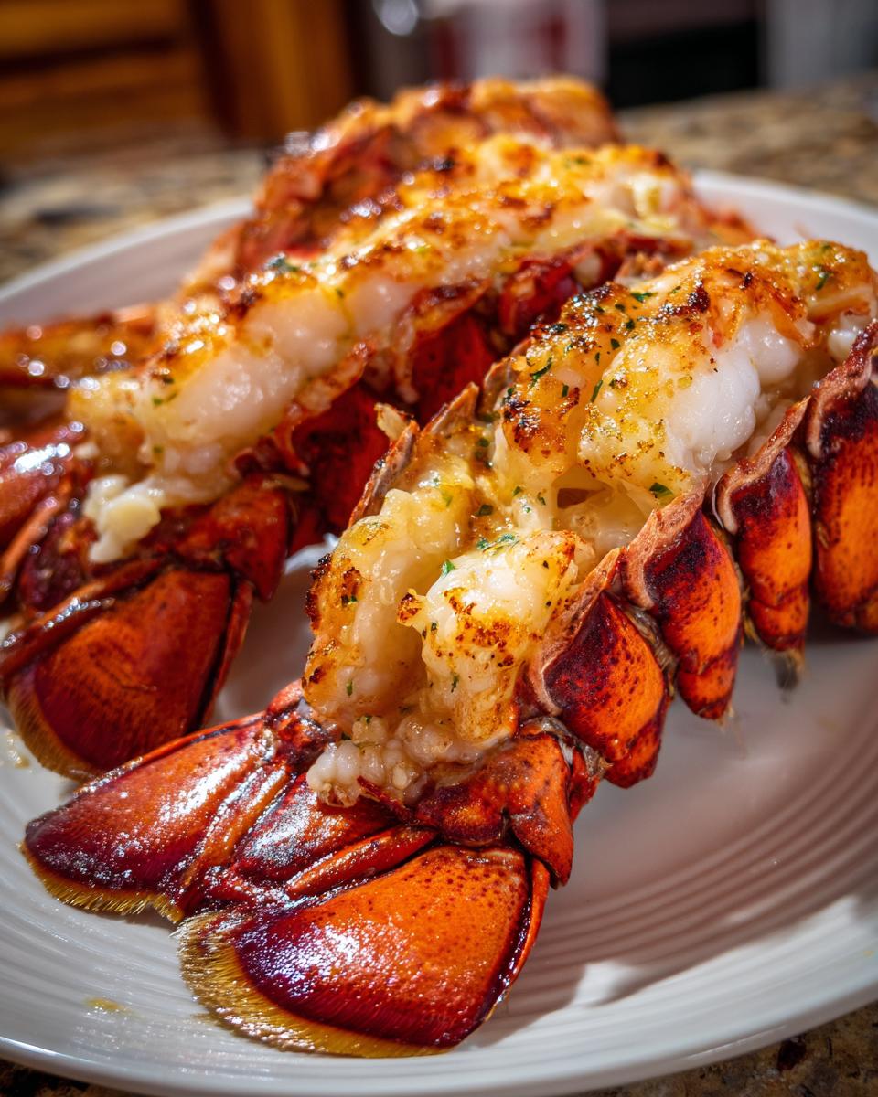 Close-up of perfectly grilled lobster tails, showcasing the succulent meat. This is a Grilled Lobster Tails with Garlic Butter recipe.