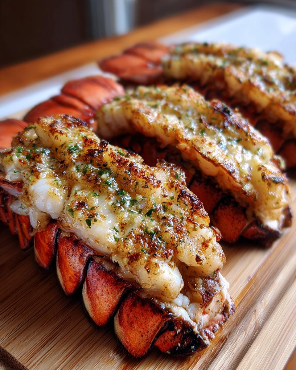 Close-up of grilled lobster tails with garlic butter, a delicious seafood dish.