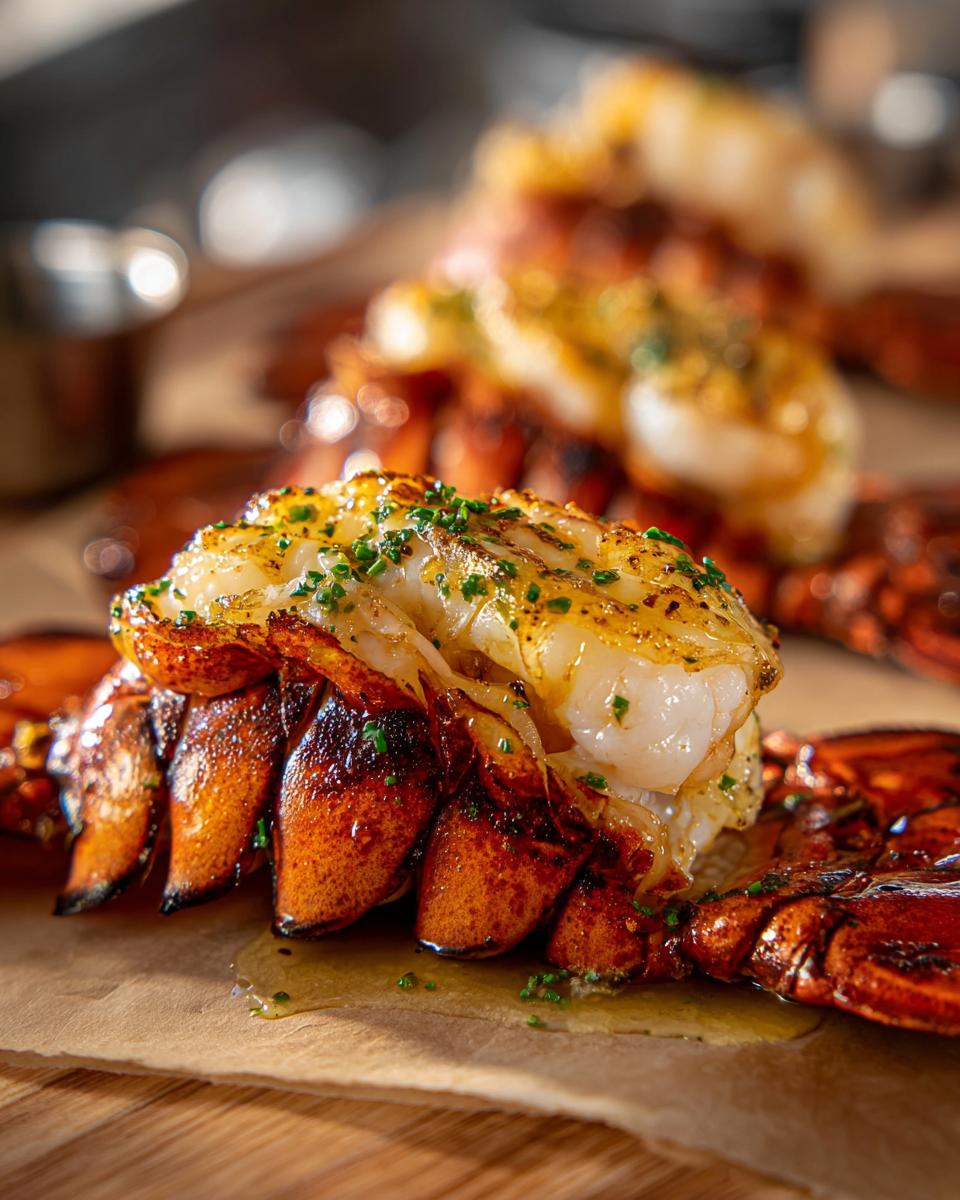 Close-up of perfectly grilled lobster tails with garlic butter, showcasing the deliciousness of the Grilled Lobster Tails.