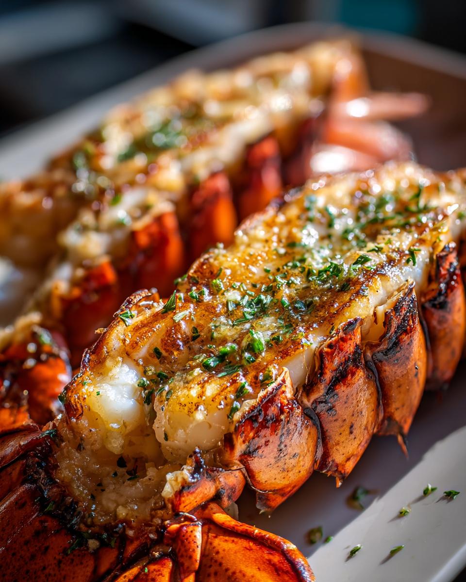 Close-up of grilled lobster tails with garlic butter, a delicious Grilled Lobster Tails with Garlic Butter recipe.
