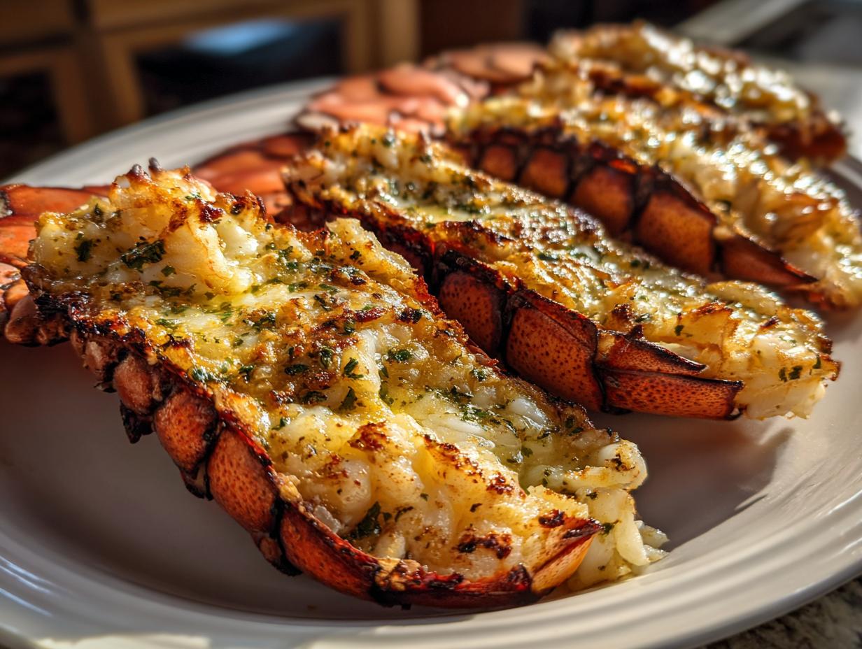 Close-up of grilled lobster tails with garlic butter, a delicious seafood dish. Featuring the primary keyword: Grilled Lobster Tails with Garlic Butter.