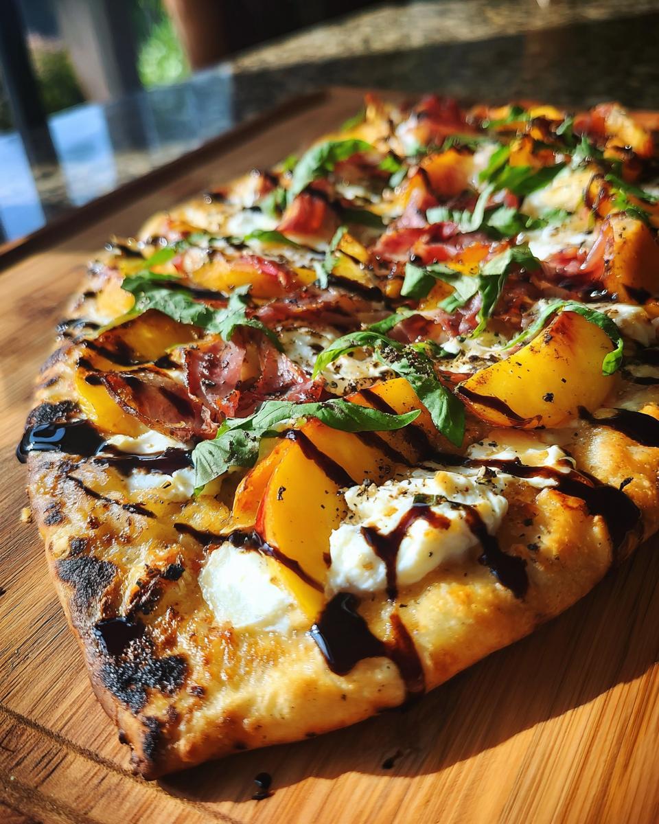 Close-up of a Grilled Peach & Prosciutto Pizza with fresh basil and balsamic glaze.