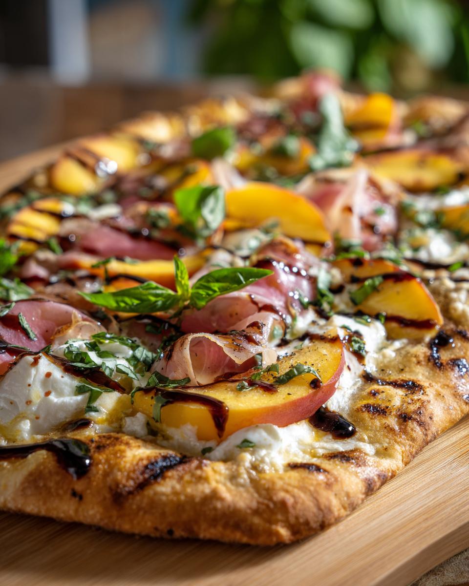 Close-up of a Grilled Peach & Prosciutto Pizza with fresh basil and balsamic glaze.