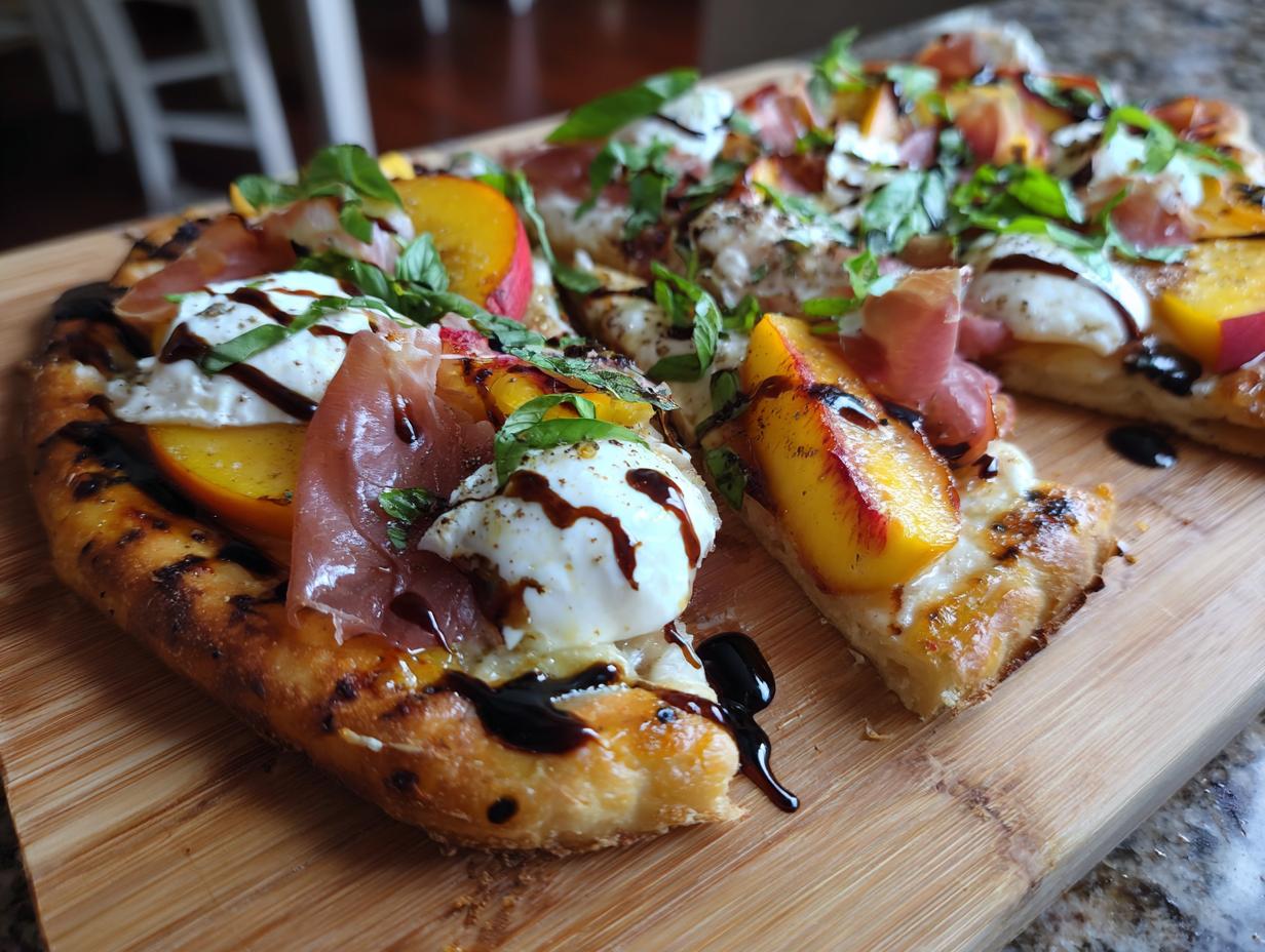 Close-up of a Grilled Peach & Prosciutto Pizza with fresh basil and balsamic glaze.