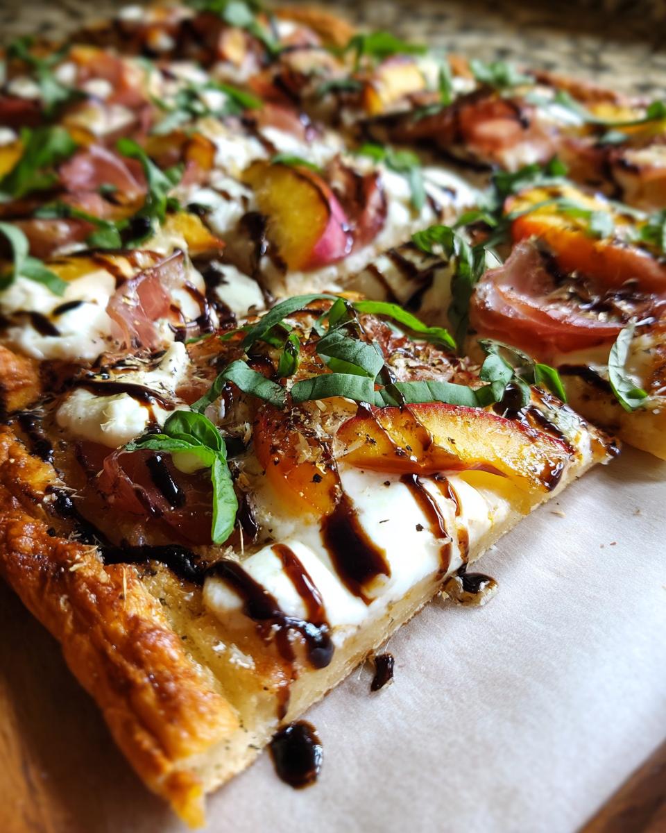 A slice of Grilled Peach & Prosciutto Pizza with peaches, prosciutto, mozzarella, and balsamic glaze.