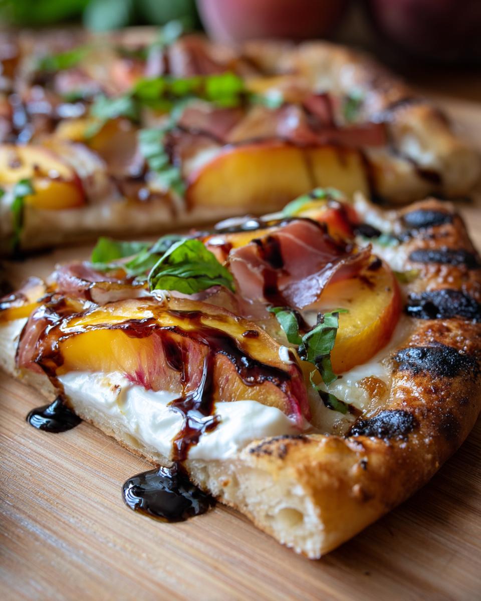 Close-up of a slice of Grilled Peach & Prosciutto Pizza with peaches, prosciutto, and balsamic glaze.