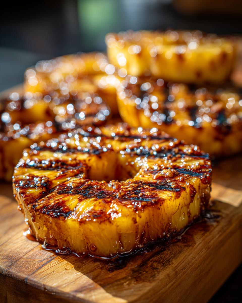 Close-up of grilled pineapple slices on a wooden board, showcasing the delicious Grilled Pineapple with Cinnamon Butter.