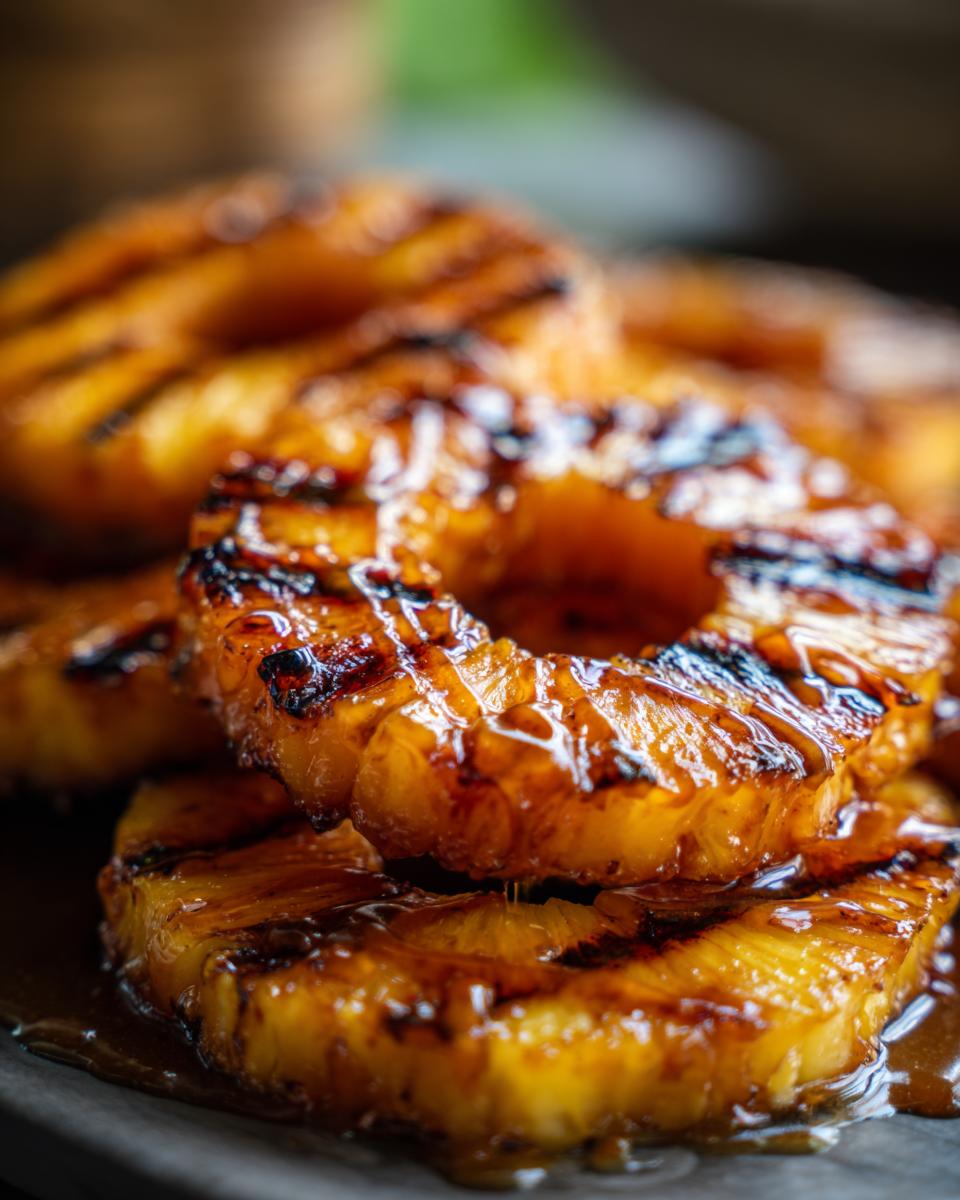 Close-up of grilled pineapple rings, showing grill marks and caramelized edges. Featuring the recipe for Grilled Pineapple with Cinnamon Butter.