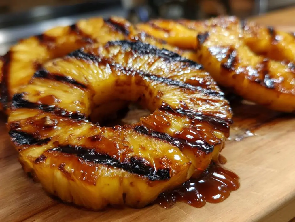 Close-up of grilled pineapple slices with grill marks, ready to enjoy. This is Grilled Pineapple with Cinnamon Butter.