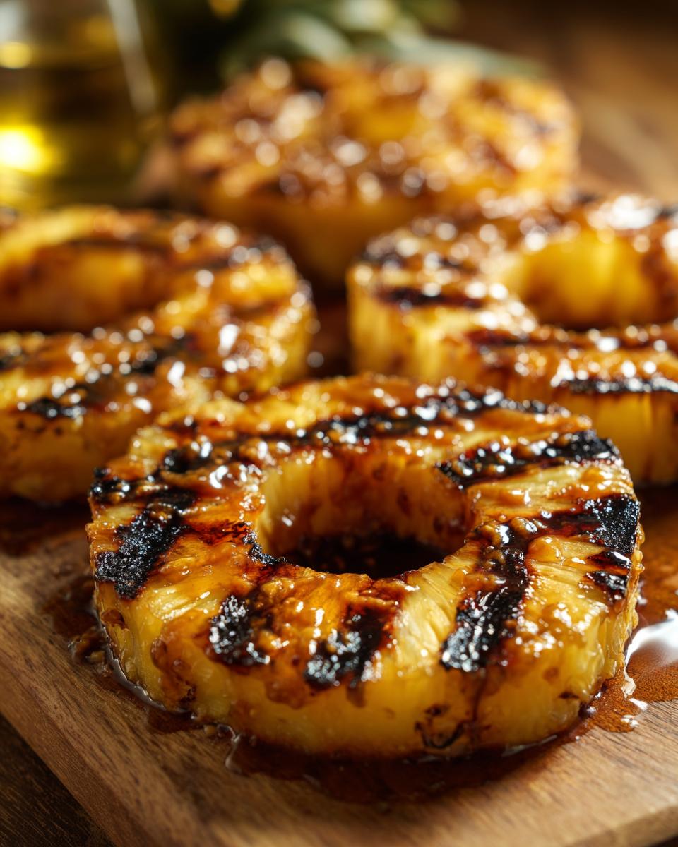Close-up of grilled pineapple rings, showing grill marks and a caramelized glaze. This is Grilled Pineapple with Cinnamon Butter.
