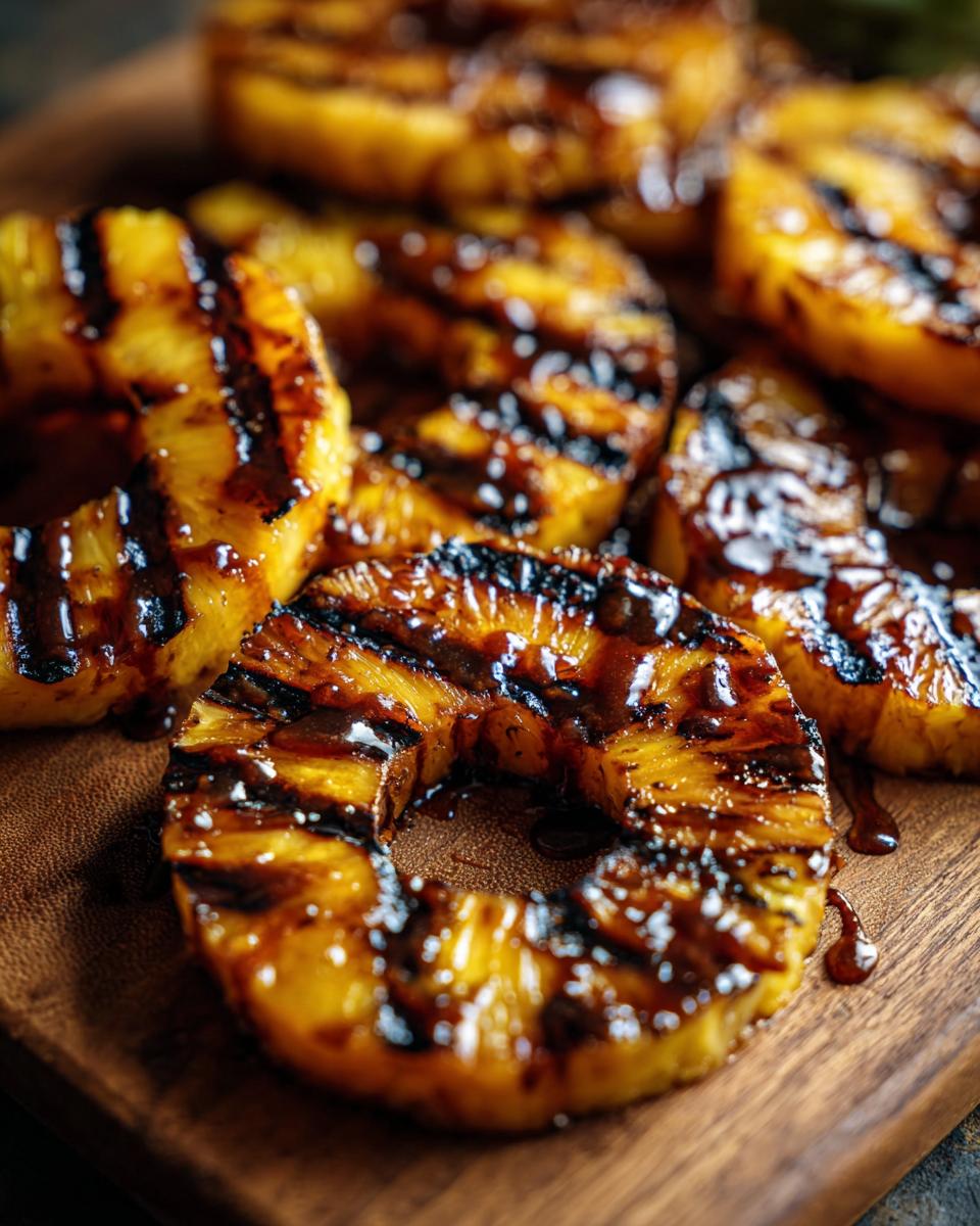 Close-up of grilled pineapple rings on a wooden board. The image highlights the grill marks and caramelized surface of the Grilled Pineapple with Cinnamon Butter.