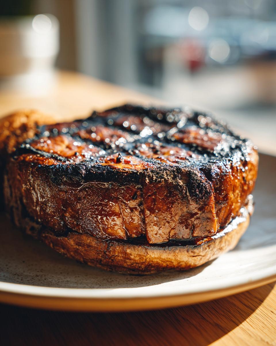 Close-up of a perfectly grilled portobello mushroom burger on a plate, ready to eat.