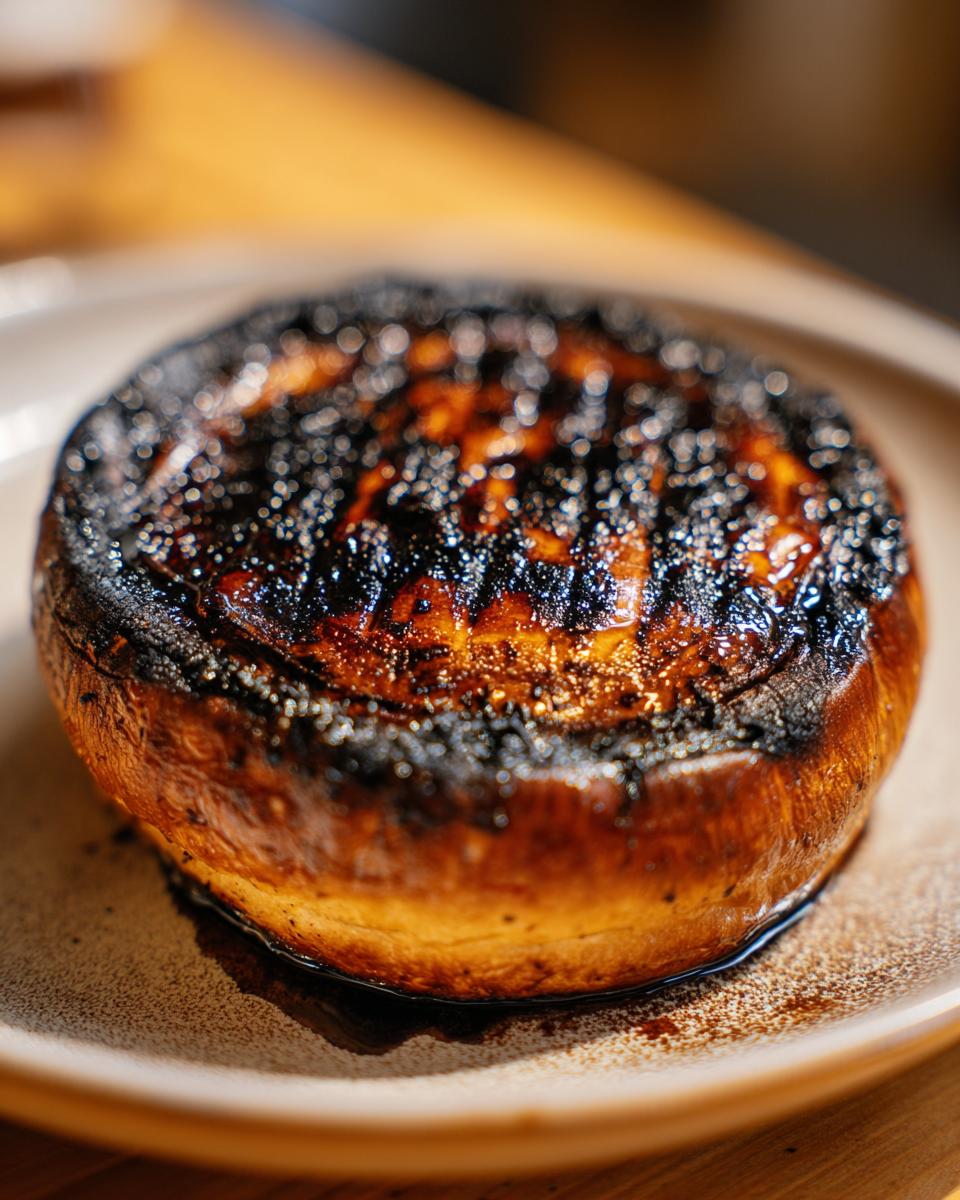 Close-up of a grilled portobello mushroom burger on a plate, showing the char and texture.
