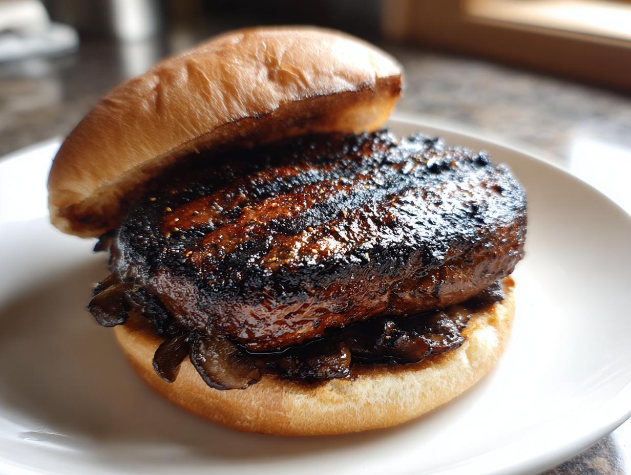 Close-up of a delicious Grilled Portobello Mushroom Burger on a bun, ready to eat.