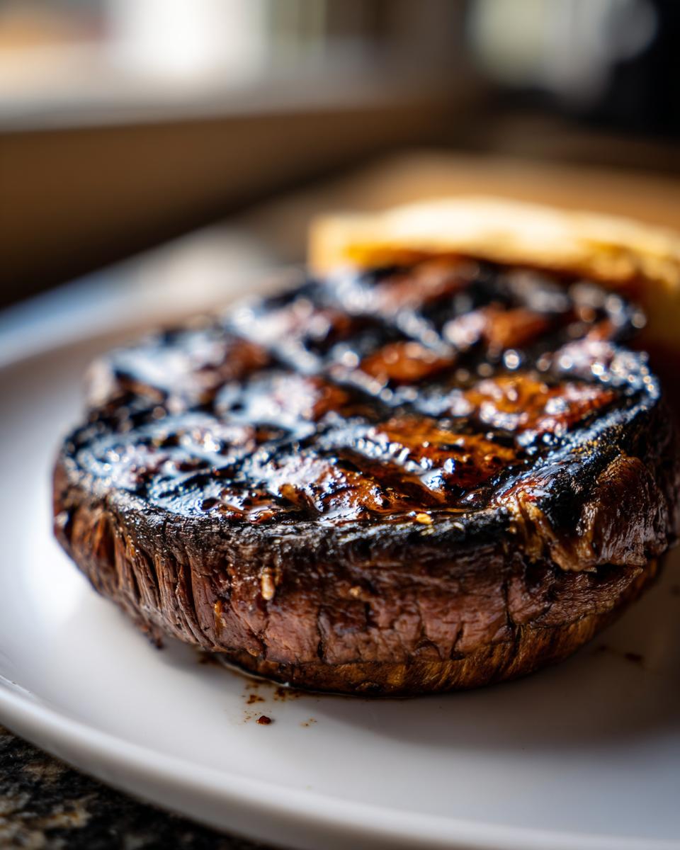 Close-up of a perfectly grilled portobello mushroom, ready for a burger. The Grilled Portobello Mushroom is juicy and delicious.