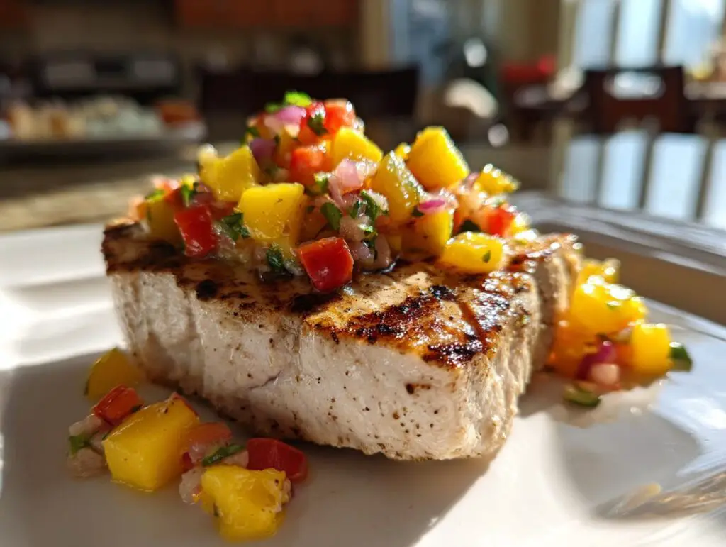 Close-up of grilled swordfish topped with vibrant mango salsa, a delicious dish.