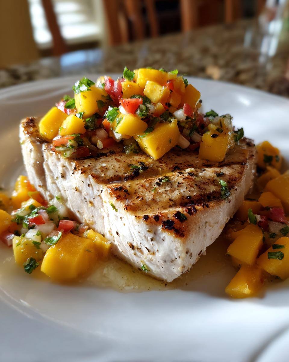 Close-up of grilled swordfish topped with vibrant mango salsa, a delicious dish.