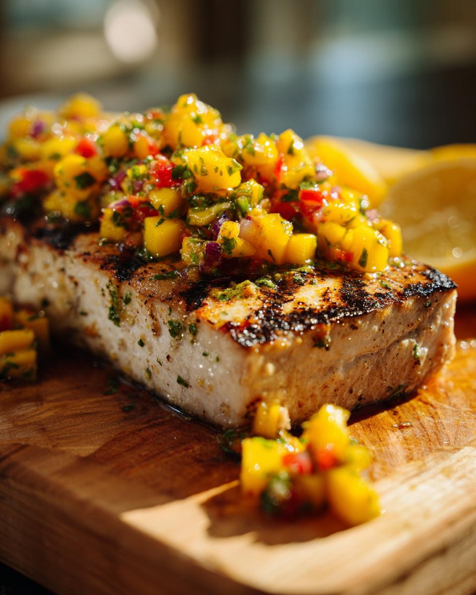 Close-up of grilled swordfish with mango salsa, a delicious dish. The image highlights the grilled swordfish.