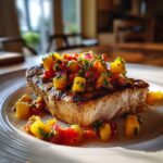 Close-up of grilled swordfish topped with vibrant mango salsa, served on a white plate.